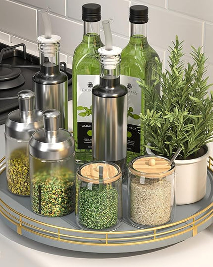 12" Wooden Lazy Susan Turntable for Cabinet – Roud Rotating Spice Rack Organizer, Gray Kitchen Countertop Tray for Dining Table & Pantry Storage （Gray & Gold）