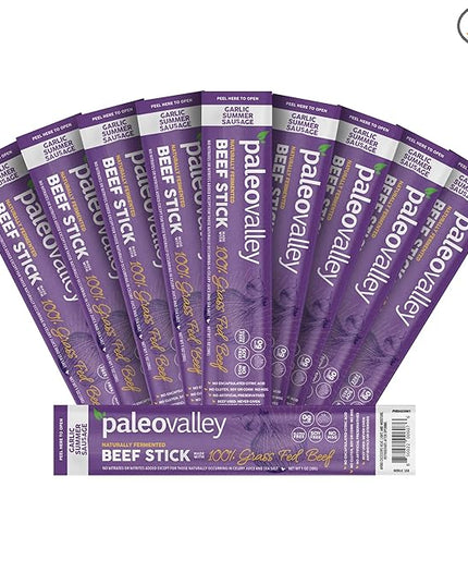 Paleovalley 100% Grass Fed Garlic Summer Sausage Beef Sticks - Delicious Gluten Free Beef Snack - High Protein Keto Friendly