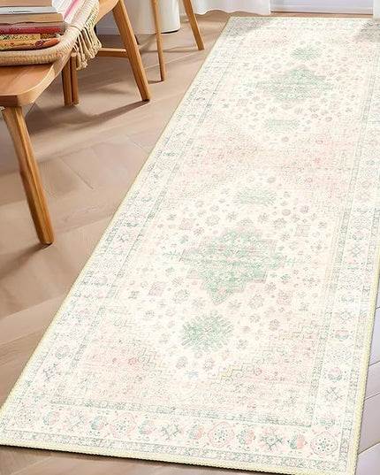 MUJOO Washable Runner Rug,2x6 Runners for Kitchen Bathroom Hallway Bedroom Entryway Laundry,Non Slip Long Mat Indoor,Boho Throw Carpet Low Pile Light Pink and Green