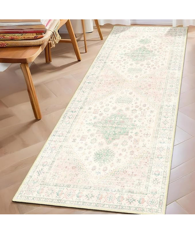 MUJOO Washable Runner Rug,2x6 Runners for Kitchen Bathroom Hallway Bedroom Entryway Laundry,Non Slip Long Mat Indoor,Boho Throw Carpet Low Pile Light Pink and Green