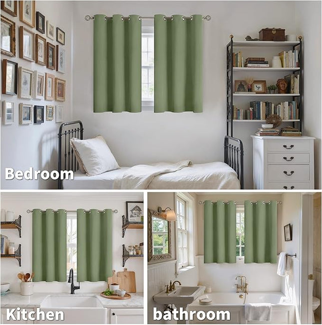 YoungsTex Olive Green Blackout Kitchen Curtains 36 Inch Length - Short Thermal Insulated Drapes with Grommet Room Darkening Privacy for Cafe Bathroom Window, 2 Panels, 42 x 36 Inch