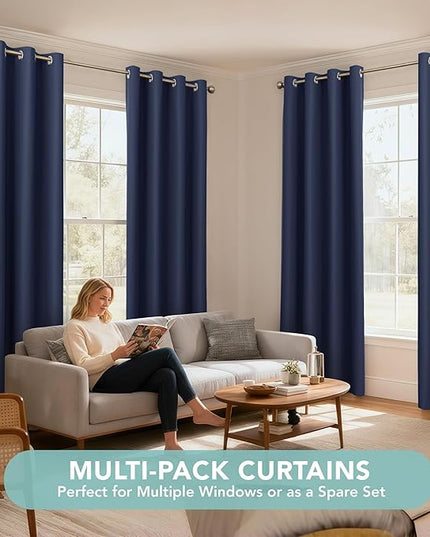 BONZER 100% Blackout Curtains 63 Inches Length - Thermal Insulated Window Drapes, Single Layer Noise Reducing & Light Blocking Curtain with Black Laminated Backing for Bedroom, Navy Blue, 2 Panels