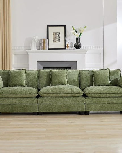 111'' Sectional Cloud Deep Seat Couch, Modern Comfy Chenille Modular Sectional Sofa for Living Room Set, Upholstered Modular 3-Seats Sofa Couch, Green