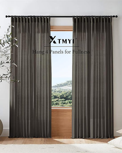 XTMYI Brown Linen Sheer Curtains for Living Room,Pleated Back Tab Light Filtering Curtain Drapes 90 Inches Long 2 Panels Set
