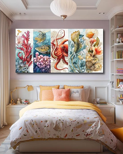 XIGUANGART Bathroom Framed Canvas Wall Art Undersea Abstract Pictures Octopus Coral Reef Vibrant Colorful Marine Animals Painting Large Wall Decor for Living Room Bedroom Nautical Home Decorations