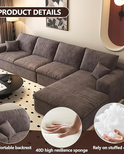 136.6'' L-Shaped Modern Modular Sectional Cloud Couch, 4-Seat Chenille Deep-Seat Sofa with Pillow for Living Room, Bedroom, Apartment, Camel