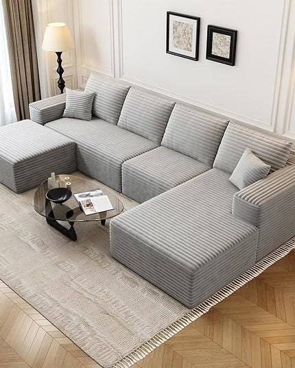 135.4" Cloud Modular Sectional Couch with 1 Ottoman,Modern Minimalist Upholstered Couches, Comfort U Shaped Sofa for Living Room,Deep Seat Corner Couch，No Assembly Required (Grey,Right Facing Chaise)