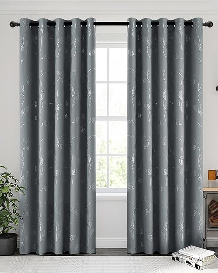 BUHUA Wave Silver Leaf Print Blackout Curtains for Living Room Darkening Curtains Light Blocking Curtains for Bedroom 66W×63L Light Grey 2 Panels