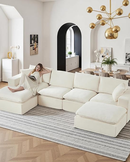 108" Sectional Couches for Living Room Boneless Couch Upholstered Cloud Couch Sectional Modular Sectional Sofa with L Shaped (Chenille-White, 4 Seat+2 Ottoman)