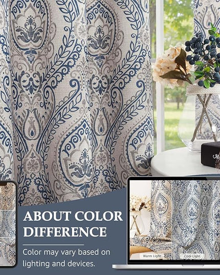jinchan Linen Textured Curtains for Living Room Darkening 90 Inch Length, Medallion Drapes for Bedroom, Damask Pattern Window Treatments Vintage Curtain Panels, 2 Panels Blue on Greige