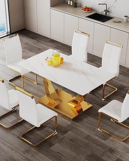63” Dining Room Table Set for 6,Modern Gold Dining Table Set for 6, Rectangle Kitchen Table Set with Leather Chairs,White Faux Marble Dinner Table Set with Tempered Glass Top and Golden Base