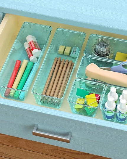 WOWBOX 12 Pack Clear Drawer Organizer Set, Acrylic Drawer Storage Trays, Storage Bins for Makeup, Cosmetics, Jewelries, Utensils, Gadgets, Office, Sea Blue
