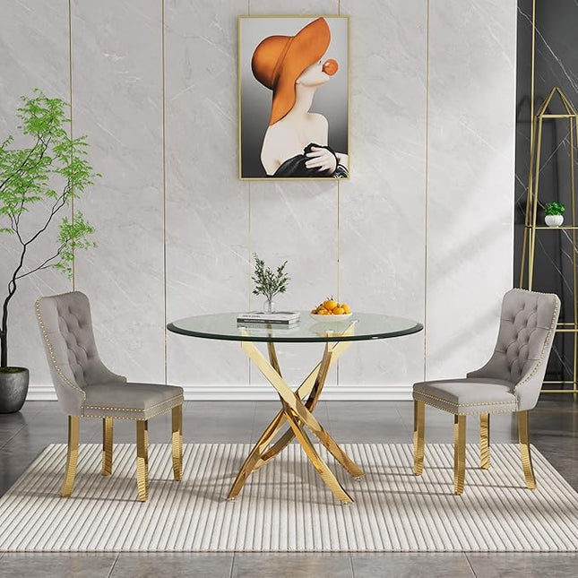 HomVent Round Glass Dining Table Set for 2, Modern Tempered Glass Kitchen Table Set and Chairs, Round Glass Dining Room Table Set for Kitchen (Gold, 36 inch Gold Table with 2 Grey Chairs)