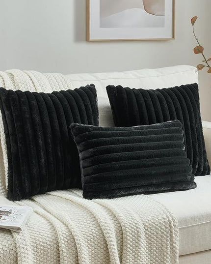 FUTEI Black Throw Pillow Covers Set of 2, 12x20 Inch Striped Texture Lumbar Pillow Cases with Soft Faux Rabbit Fur Front & Velvet Back, Modern Decorative Couch Pillows for Living Room