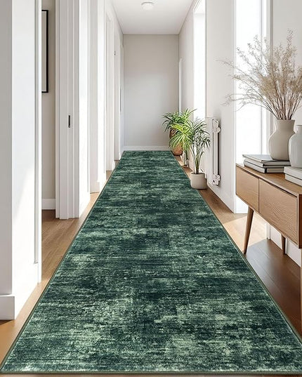 IOHOUZE Abstract Runner Rug 3x18 Ft Washable Runners for Hallways, Non Slip Kitchen Runner Printed Faux Wool Entryway Runner Indoor, Modern Abstract Floor Carpet for Hall Stair, Dark Green