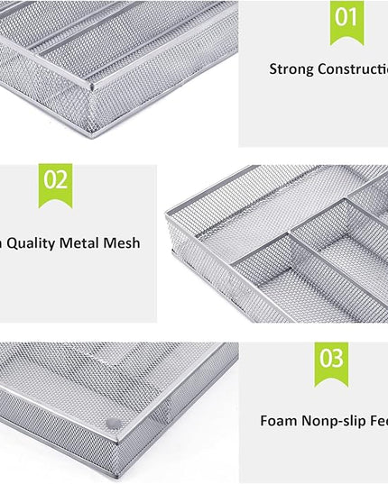 Neudeco Silverware Drawer Organizer Holder, Cutlery Tray Silverware Flatware Storage Divider for Kitchen, Bedroom, Living Room,Mesh Wire with Non-slip foam Feet, 5 Compoment（ Silver）