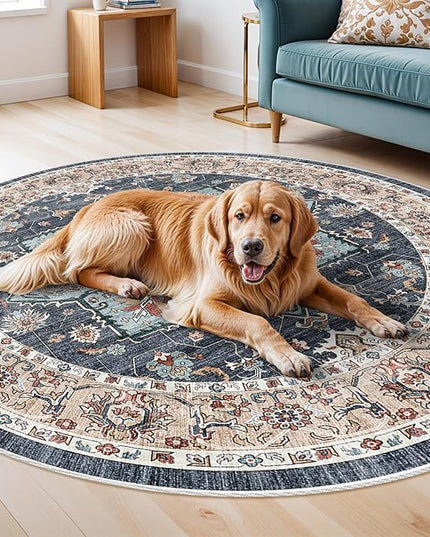 Washable Oriental Area Rug - 4ft Round Rugs for Living Room Soft Carpet for Bedroom Waterproof Floral Distressed Indoor Stain Resistant Non-Shedding Floor Carpets (Blue/Teal/Orange, 4ft-Round)