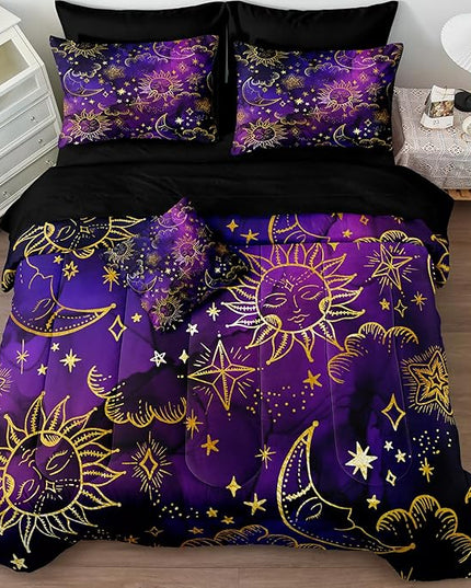 Merryword 8 Pcs Universe Bed in a Bag Sun and Moon Comforter Set California King Size Galaxy Bedding Purple Gold Moon Star Pattern Bohemian Gothic Comforter Set