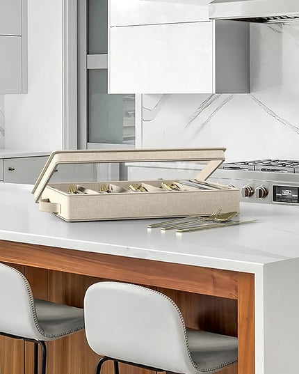 Sorbus Flatware & Utensil Storage - Fabric Chest Box for Storage and Organizing Utensils, Silverware, Flatware, Cutlery - Silverware Organizer Container with Clear Lid & Adjustable Divider