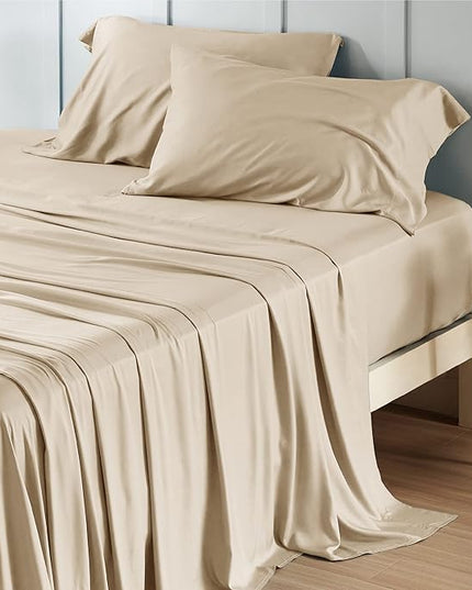 Bedsure Full Size Bed Sheets, Cooling Sheets, Rayon Derived from Bamboo, Breathable & Soft, Deep Pocket Up to 16 Inches, Hotel Luxury Silky Bedding for Hot Sleepers, Beige