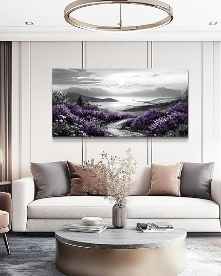 KELIYUAN Black And White Home Decoration Canvas Wall Art For Restaurant Natural Landscape Painting Printing Landscape Purple Grass Picture Suitable For Living Room Bedroom Office Wall Decor 20x40In