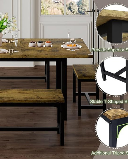 Feonase 5-Piece Dining Table for 4-8 People, 63" Extendable Kitchen Table Set with 2 Benches & 2 Square Stools, Dining Room Table with MDF Wood Board, Easy Clean, Rustic Brown