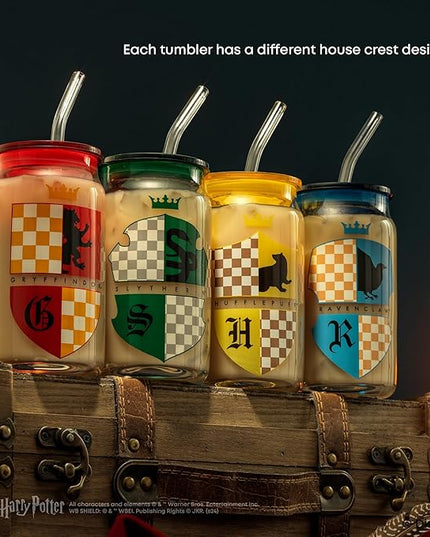 JoyJolt Harry Potter House Crests Glass Tumblers with Lids and Straws, 16oz Glass Cups with Lids and Straws, Can Shaped Drinking Glasses Set of 4, Hogwarts Cup, Harry Potter Merchandise