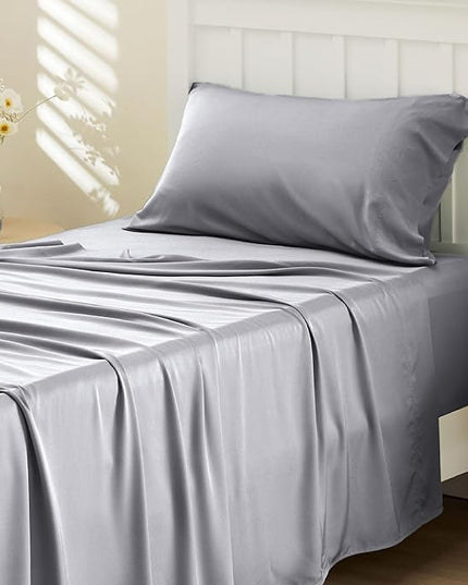 Bedsure Cooling Sheets Twin, Rayon Derived from Bamboo, Cooling Sheets, Breathable & Soft, Deep Pocket Up to 16 Inches, Hotel Luxury Silky Bedding for Hot Sleepers, Silver Grey