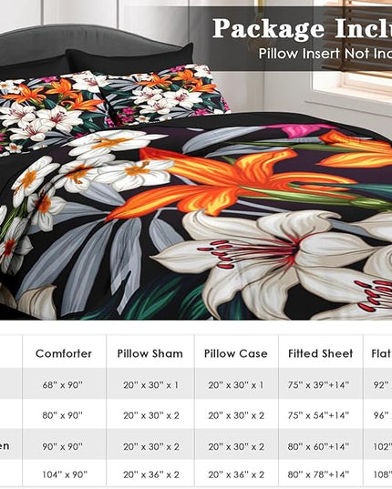 Comforter Set Queen Size, Tropical Leaves Flower 7 Pcs Bedding for Kids and Adults, Floral Hawaii Hibiscus Bed Sheet Sets with Fitted Sheet 2 Pillowcases & 2 Shams for Bedroom Bed Decor