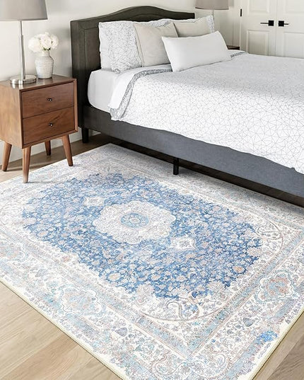 Blue Rug 3x5,Washable Area Rugs for Bedroom Living Room Kitchen Entryway,Small Boho Vintage Bohemian Distressed Non Slip Carpet,Floral