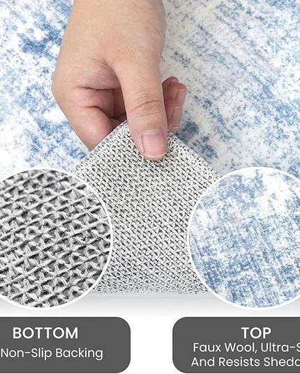 IOHOUZE Abstract Area Rugs 8x10 Ft Washable Large Rugs for Living Room, Non Slip Dining Room Rug, Printed Faux Wool Rugs for Bedroom, Floor Carpet for Office Nursery Playroom, Light Blue White