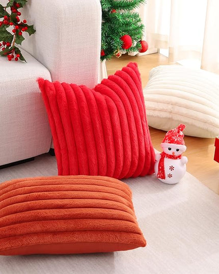 Pallene Faux Fur Plush Christmas Throw Pillow Covers 18x18 Set of 2, Luxury Soft Fluffy Striped Decorative Pillow Covers for Sofa, Couch, Living Room, Red