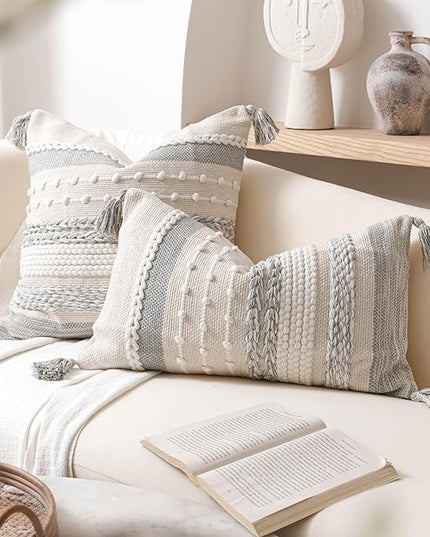 BlissBlush Gray Decorative Lumbar Pillow Cover 14x24, Grey Boho Long Body Pillow for Bed, Farmhouse Lumbar Throw Pillow for Couch, Modern Accent Textured Throw Pillowcase