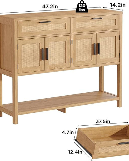 Maupvit Entryway Console Table with Large Storage Space, Sofa Table with Rattan Cabinet Doors, Buffet Table for Living Room, Hallway, Foyer Furniture for Home Decor, Nature Wood Color