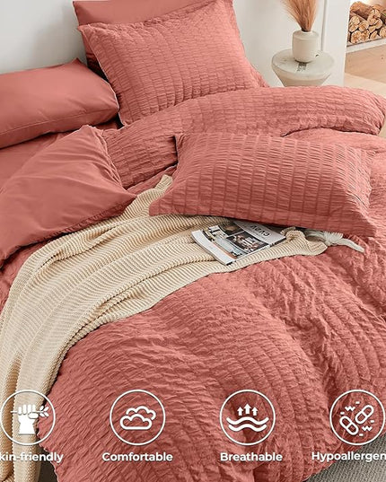 HYMOKEGE Coral Full Size Comforter Sets Seersucker 7 Pieces, All Season Luxury Bed in a Bag for Bedroom, Bedding Set with Comforter, Sheets, Pillowcases & Shams