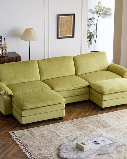 VINGLI 121" L Shape Sectional Couch, Convertible Sectional Couch for Small Living Room,Modern 3-Seat Convertible Loveseat Sofa with 2 Ottoman in Corduroy,Olive Green