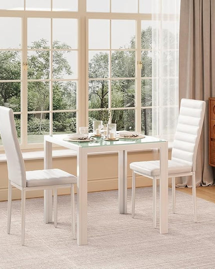 Gizoon 3 Piece Glass Dining Table Set, Kitchen and Chairs for 2, PU Leather Modern Room Sets for Home, Kitchen, Living Room