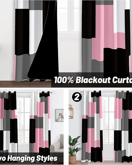 Pink 100% Blackout Curtains for Bedroom 96 inch Length 2 Panels Set White Grey Modern Abstract Geometric Black Out Curtains Insulated Room Darkening Window Drapes for Girls Living Room, 52Wx96L