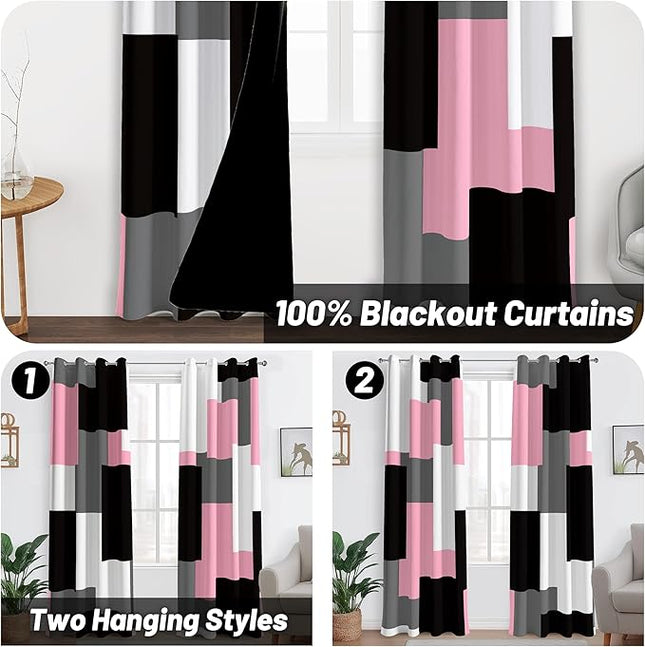 Pink 100% Blackout Curtains for Bedroom 108 inch Extra Long 2 Panels Set Black White Grey Modern Abstract Geometric Black Out Curtains Room Darkening Window Drapes for Living Room, 52Wx108L