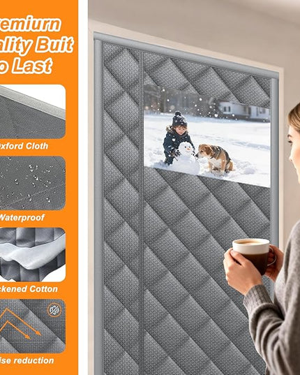 Magnetic Thermal Insulated Door Curtain Fit 34" X 80" with Clear Window, Thermal Door Cover for Winter Thicken Oxford Cloth and Cotton Automatic Insulation Cover Blanket for Winter
