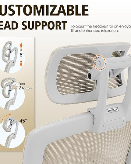 GABRYLLY Ergonomic Office Chair, High Back Home Desk Chair with Headrest, Flip-Up Arms, 90-120° Tilt Lock and Wide Cushion, 400LBS Mesh Chairs for Man Woman, White Task Chair(Beige,GY01WBG)