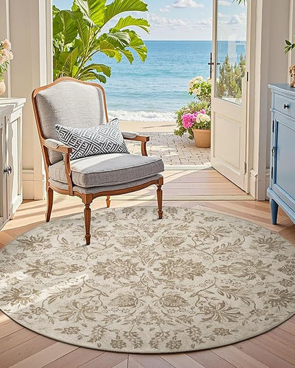 jinchan Torino Classic Floral Round Rug 5ft, Vintage-Inspired Neutral Design 5’Circle Rug, Machine Washable Ultra-Thin Low-Pile Non-Slip Indoor Carpet for Bedroom Living Room Entryway Taupe