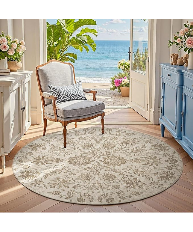 jinchan Torino Classic Floral Round Rug 5ft, Vintage-Inspired Neutral Design 5’Circle Rug, Machine Washable Ultra-Thin Low-Pile Non-Slip Indoor Carpet for Bedroom Living Room Entryway Taupe