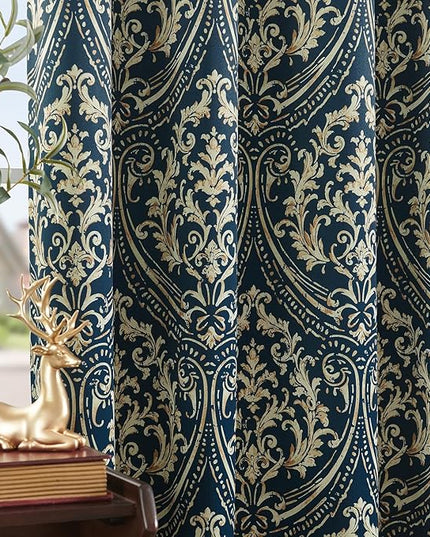 jinchan Blackout Curtains for Bedroom, Blue Damask Patterned Curtains 84 Inch Length for Living Room, Vintage Medallion Art Deco Drapes, Thermal Insulated Grommet Window Treatments, 2 Panels Blue