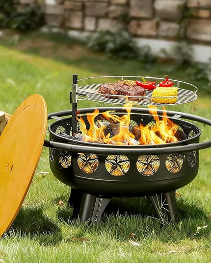 32 Inch Fire Pit with Swivel Cooking Grate,3-in-1 Wood Burning Firepit with Grill,Outdoor Fire Pits Table with Metal Lid and Poker for Outside Patio Backyard BBQ Bonfire Camping (32 Inch)