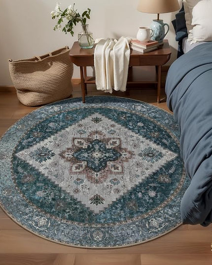 Ciicool Boho 5x5ft Round Area Rug Washable Bedroom Rug Non-Slip Oriental Entryway Throw Rug Low-Pile Indoor Circle Carpet for Dining Room