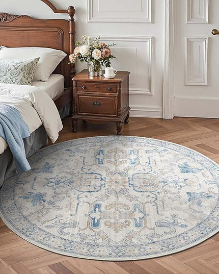 jinchan Round Rug 4ft Area Rug Indoor Vintage Floral Circle 4' Washable Ultra-Thin Low Pile Soft Small Non Slip Distressed Print for Living Room Dining Room Bedroom Entryway Blue