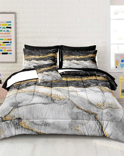 Marble Comforter Full Size Bed Set - Black & Gold 8 Piece Set - Soft Microfiber Lightweight Comforter - Western Bedding Set