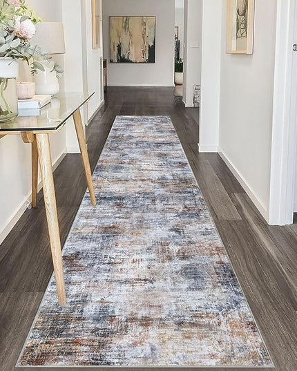IOHOUZE Abstract Runner Rug 2x10 Ft Washable Runners for Hallways, Non Slip Kitchen Runner Printed Faux Wool Entryway Runner Indoor, Modern Abstract Floor Carpet for Hall Kitchen, Orange Grey