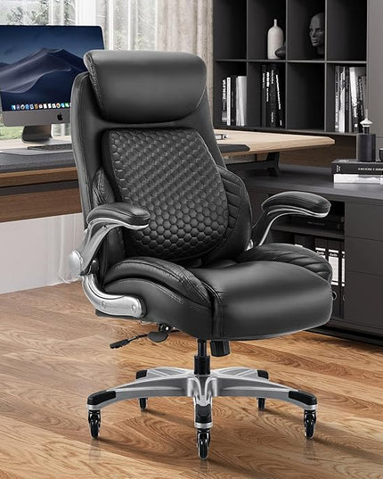 COLAMY Office Ergonomic Desk High Back Executive Chair with Pop-Out Lumbar Support, Upgraded Casters, Adjustable Headrest, Flip-Up Arms, Leather Home with Thick Cushion for Comfort - Black